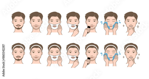 Men facial skincare and shaving routine steps illustrated as a flat vector set isolated on transparent background.