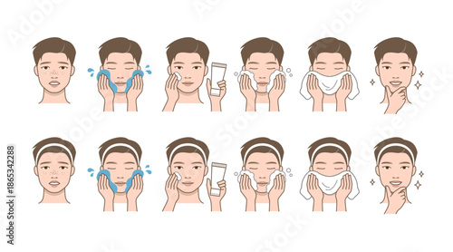 Men facial skincare and shaving routine steps illustrated as a flat vector set isolated on transparent background.