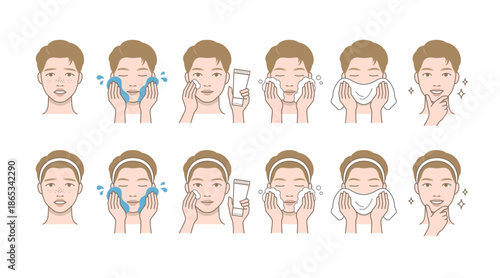Men facial skincare and shaving routine steps illustrated as a flat vector set isolated on transparent background.