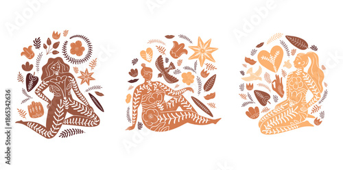 Set of compostitions with curvy women, birds, flowers and florals. Body positive flat illustration with details. Feminine beautiful decorative silhouette. For prints, cards, branding, postcards.
