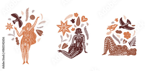Set of compositions with curvy women, birds, flowers and florals. Body positive flat illustration with details. Feminine beautiful decorative silhouette graphic on white background. Branding, print.