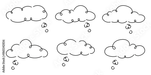 Hand drawn thought bubbles cloud set. Doodle thinking clouds for ideas imagination brainstorming comics sketch style simple black line illustration collection