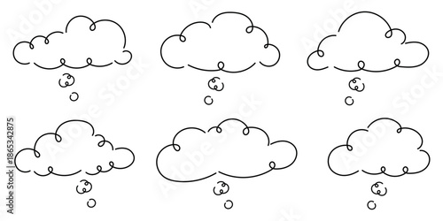 Hand drawn thought cloud bubbles collection isolated. Doodle thinking clouds for ideas imagination brainstorming mind flow sketch style simple black line illustration set