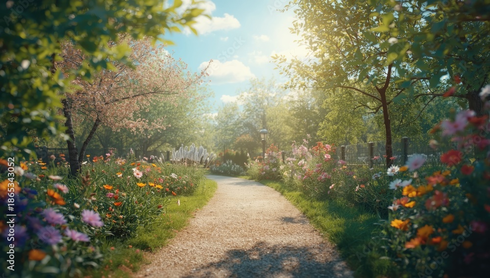 Naklejka premium Serene springtime walkway lined with blossoms, highlighting seasonal growth