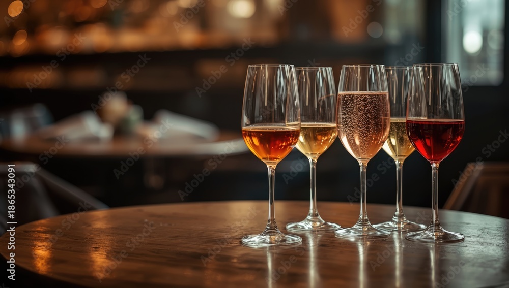 Naklejka premium Multiple wine glasses on a rustic wooden surface, ideal for wine sampling
