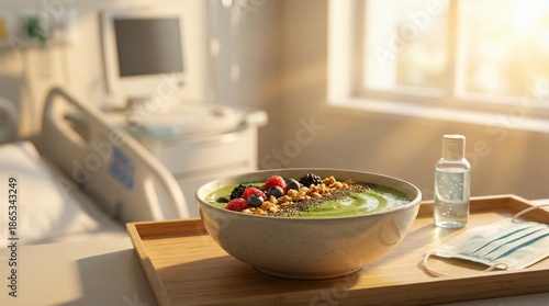 Wallpaper Mural Healthy green smoothie bowl with berries, nuts, and seeds on a wooden tray in a bright hospital room Torontodigital.ca