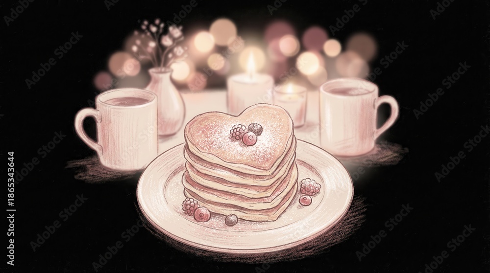 Fototapeta premium Delicate heart-shaped pancakes with berries on a plate surrounded by steaming mugs and lit candles