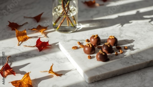 Close-up of praline chocolates with walnuts on a marble board, highlighting handcrafted treats for autumn decor