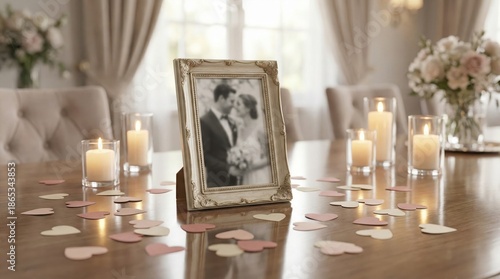 Romantic table setting with framed vintage wedding photo, candles, and heart confetti