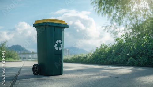 Wheeled green trash container with yellow lid positioned outdoors on a concrete surface, focused on waste management