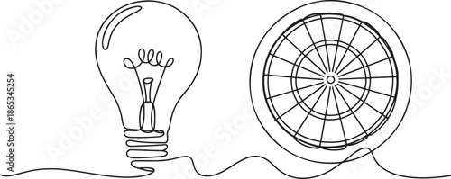 Continuous one line drawing of light bulb with a dart board. one line Art icon drawing