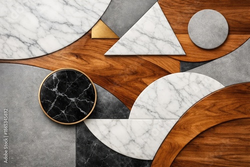 Abstract geometric surface design with smooth marble polished wood and concrete finish