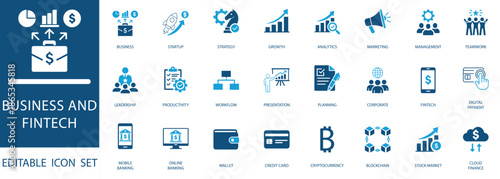 Business and fintech icon set featuring startup, growth, blockchain, digital payment, and corporate management symbols. Clean editable vector illustrations.