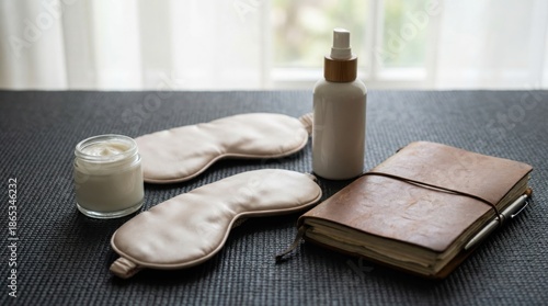 Relaxation setup with sleep mask, skincare products, and leather notebook on a dark fabric surface