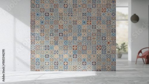 Bright ceramic tile wall with vivid colors and textured surface serving as an aesthetic backdrop for editorial layouts