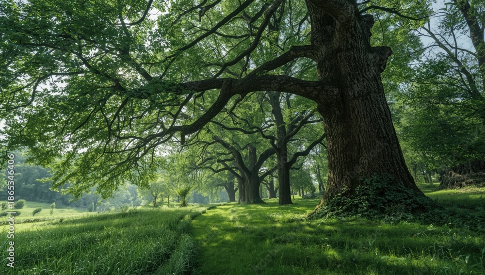 Fototapeta premium Dense summer trees along a trail providing a natural backdrop for nature-themed layouts