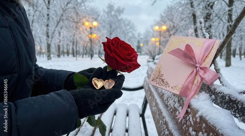 A person holding a red rose and a gift wrapped in pink with gold accents on a snowy bench in a winter park