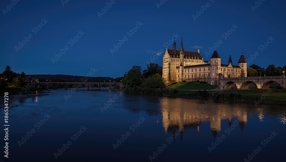 Fototapeta premium Nighttime view of a illuminated castle in a serene environment, focusing on lighting and structure details