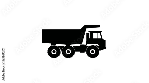 Black silhouette icon of a heavy-duty dump truck, side view, representing construction, hauling, and industrial transportation.