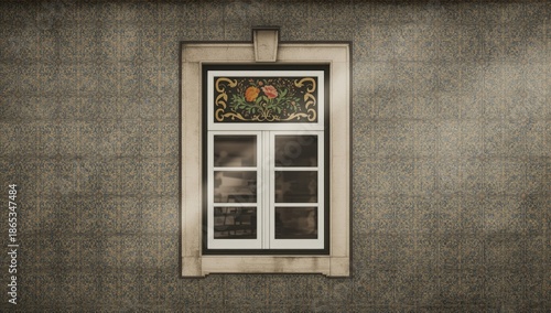 A window featuring a grid of small glass sections used as a UI backdrop for digital interfaces