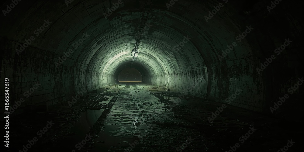 Obraz premium Water-filled, grimy concrete drainage tunnel with low lighting, infrastructure safety