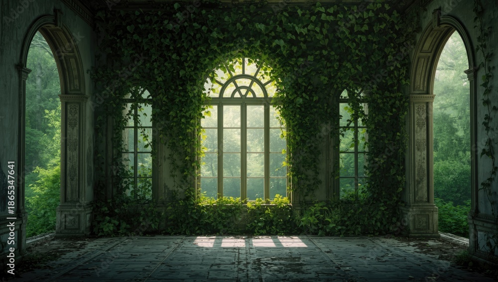 Obraz premium Derelict building engulfed by lush vegetation and vines, emphasizing nature's takeover, Earth Day