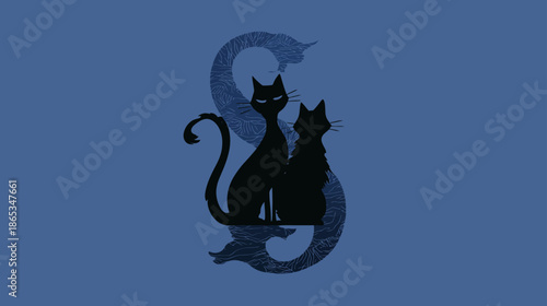 Mysterious black cat silhouettes. Graphic illustration featuring two felines sitting together with a stylized textured design on a muted blue background.