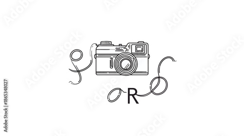 Vintage Film Camera Line Art Illustration with Abstract Woven Letters, Retro Photography Concept Drawing