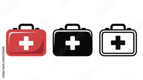 First Aid Kit Icons in Red Black and Outline  first aid, medical, kit, box, bag