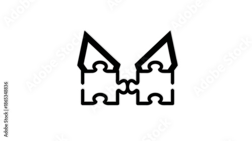 Abstract symbol of connected puzzle pieces forming a stylized house or roof, representing unity, collaboration, partnership, and solutions.