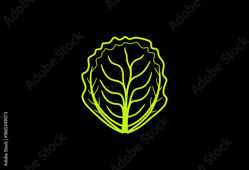 Vibrant green neon cabbage silhouette glowing against a dark background, highlighting intricate leaf patterns and delicate, detailed contour lines