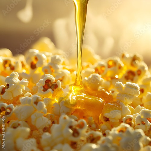 Popcorn Drizzled with Melted Butter in Warm Golden Light Close-up