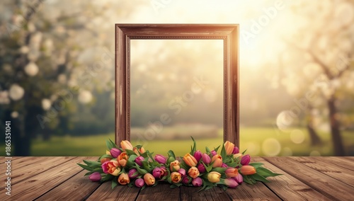 Bright tulips encircle a we...