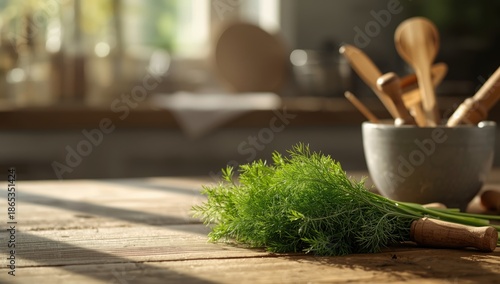 Fresh dill herb on a table, highlighting kitchen ingredient organization, ideal for culinary layout backgrounds