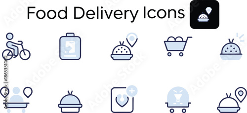Food, delivery, icons, vector, illustration, sketch, outline, rider, cart, meal, location, app, service, dish, order, navigation, tracking, freshness, restaurant, customer, logistics