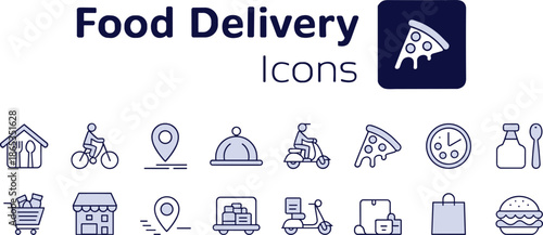 Food, delivery, icons, vector, illustration, sketch, outline, rider, cart, meal, location, app, service, restaurant, order, storefront, scooter, pizza, tracking, fast, logistics