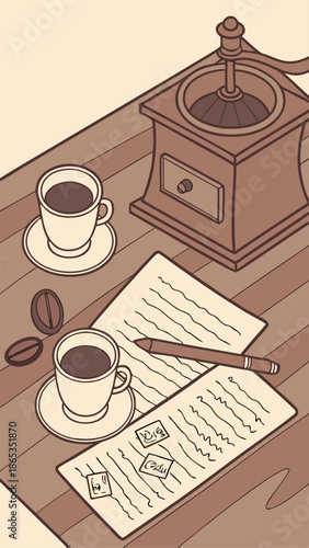 Nostalgic Coffee and Handwritten Letters on Wooden Table