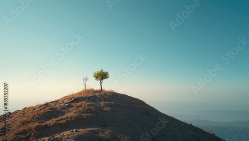 Mountain landscape featuring two tiny plants under a bright sunlit sky, highlighting survival in extreme environments
