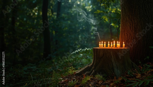 Wiccan ritual setup in a wo...
