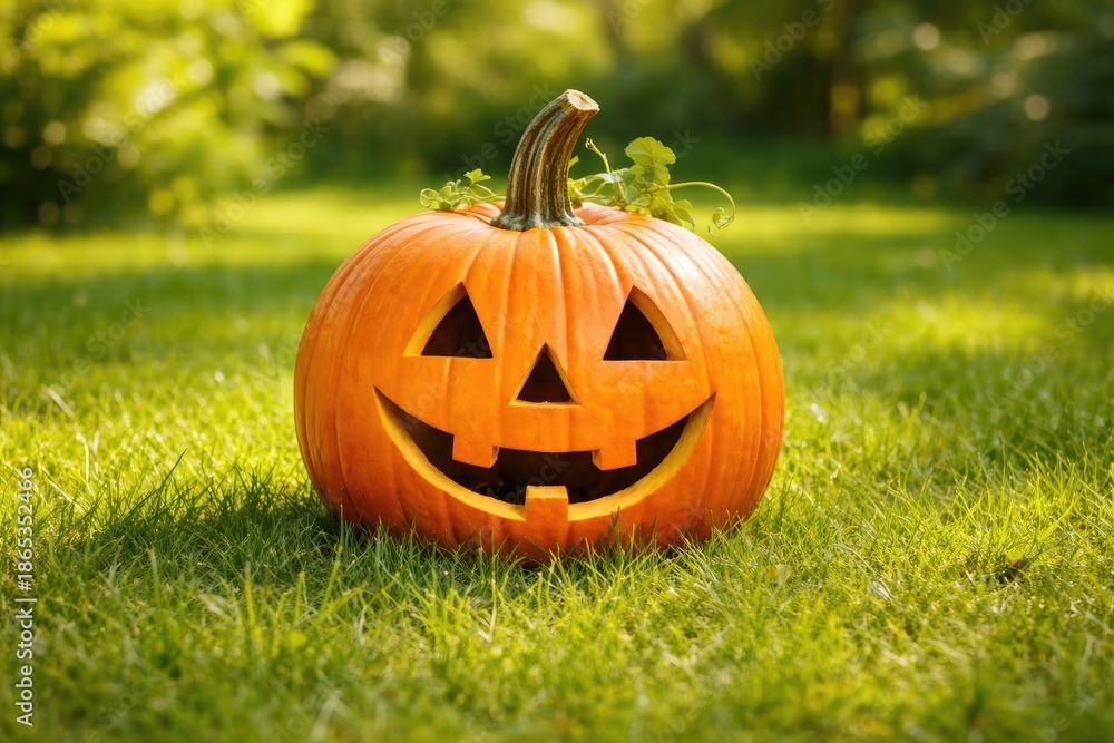 Obraz premium Cheerful Halloween Jack O Lantern pet posed on full length green lawn in summer light