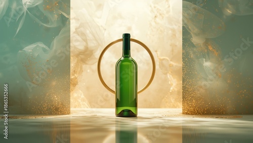 Green wine bottle with a go...
