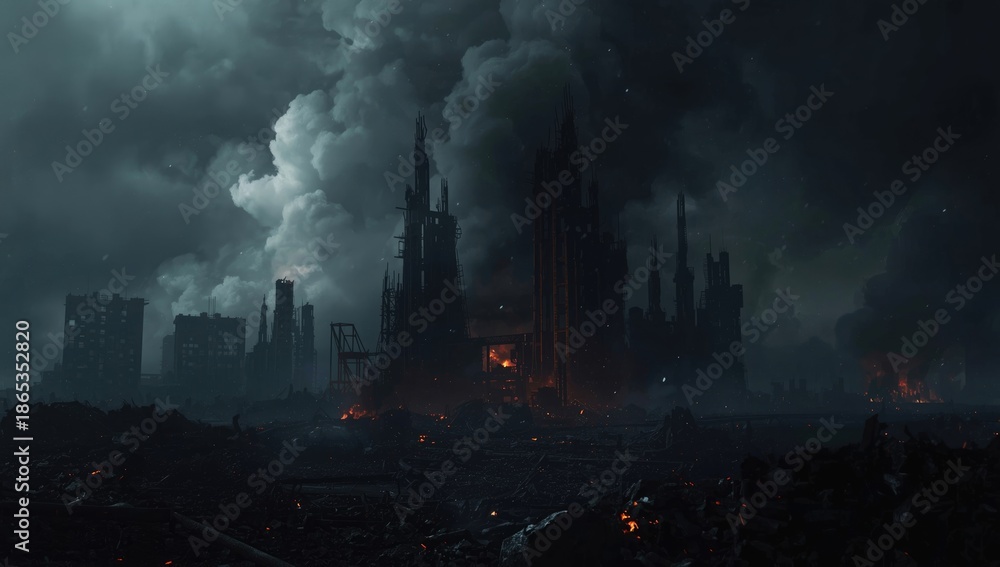 Obraz premium Burned and abandoned structures in a deserted cityscape, emphasizing urban erosion and neglect, Earth Day