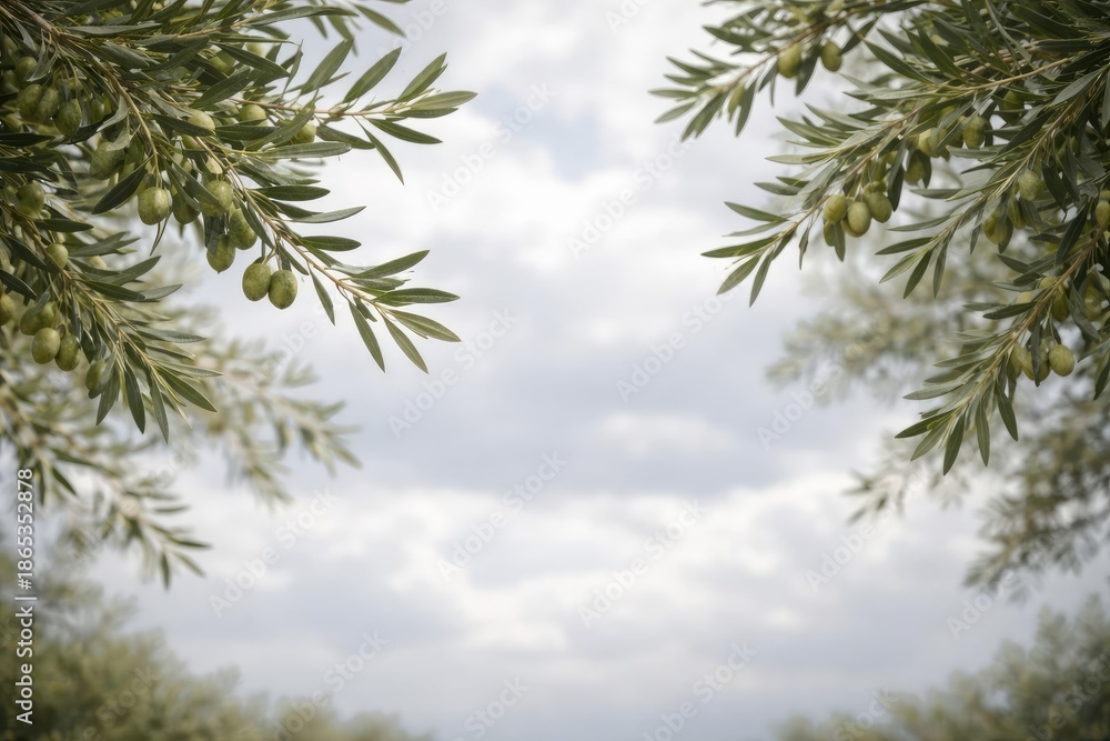 Obraz premium Cloudy day scene of olive branches with lush leaves and copy space area