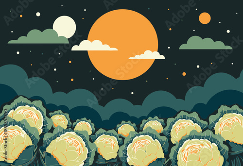 Surreal Landscape with Full Moon and Sun Over Lush Cabbage Field Beneath Starry Twilight Sky and Atmospheric Clouds