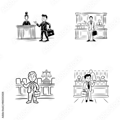 A lawyer with a briefcase in his hand speaks in the courtroom. Vector cartoon illustrations in doodle style.