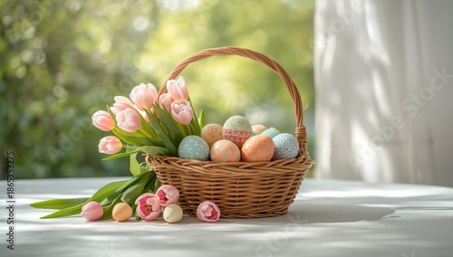 Eggs and flowers in a baske...