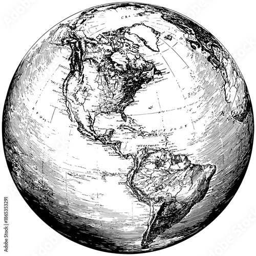 Vintage globe illustration with detailed geographical features and textures