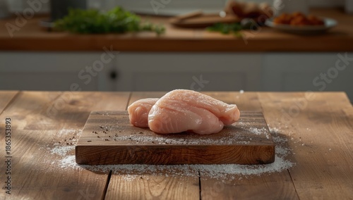 Raw chicken fillet on a woo...