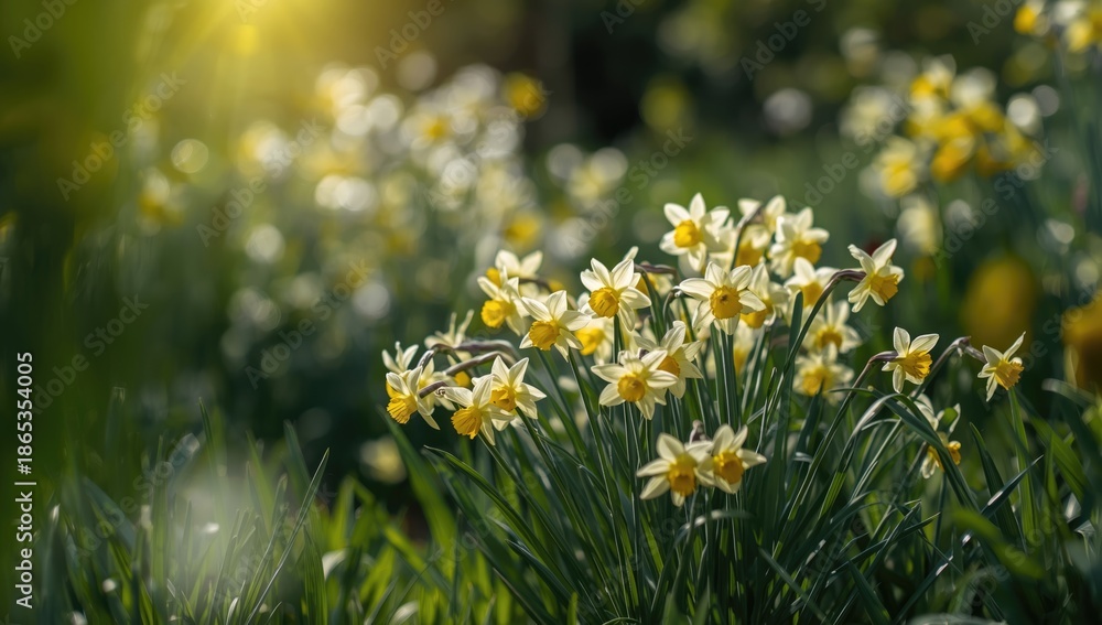 Fototapeta premium Spring floral scene with yellow and white narcissus flowers, highlighting natural beauty and seasonal growth, Earth Day