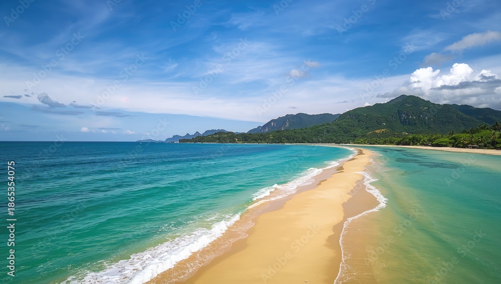 Obraz premium Koh Lanta Krabi coastal landscape featuring lush greenery and calm seas, suitable for eco-tourism activities, World Environment Day